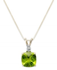 An elegant accent piece in your favorite hue. This stunning pendant features a cushion-cut peridot (1-5/8 ct. t.w.) and a round-cut diamond accent. Set in 14k gold. Approximate length: 18 inches. Approximate drop: 1 inch. An elegant accent piece in your favorite hue. This stunning pendant features a cushion-cut peridot (1-5/8 ct. t.w.) and a round-cut diamond accent. Set in 14k gold. Approximate length: 18 inches. Approximate drop: 1 inch.