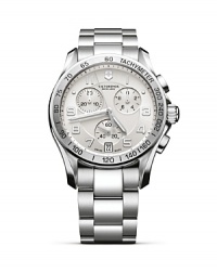 Known for a military-inspired approach to design, Victorinox's classic silver-faced chronograph is a stealthy-sleek timepiece. Wear it to trim citified looks. Known for a military-inspired approach to design, Victorinox's classic silver-faced chronograph is a stealthy-sleek timepiece. Wear it to trim citified looks.