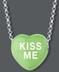 Sugary sweet style you can wear! Sweethearts' KISS ME pendant features a green enamel surface and polished, sterling silver setting and chain. Copyright © 2011 New England Confectionery Company. Approximate length: 16 inches + 2-inch extender. Approximate drop: 1/2 inch. Sugary sweet style you can wear! Sweethearts' KISS ME pendant features a green enamel surface and polished, sterling silver setting and chain. Copyright © 2011 New England Confectionery Company. Approximate length: 16 inches + 2-inch extender. Approximate drop: 1/2 inch.