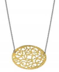 Delicate swirls make for a romantic accent. Giani Bernini's beautiful oval-shaped pendant features a filigree pattern in 24k gold over sterling silver. Strung from a sterling silver chain for a trendy, two-tone look. Approximate length: 18 inches. Approximate drop length: 3/4 inch. Approximate drop width: 1 inch. Delicate swirls make for a romantic accent. Giani Bernini's beautiful oval-shaped pendant features a filigree pattern in 24k gold over sterling silver. Strung from a sterling silver chain for a trendy, two-tone look. Approximate length: 18 inches. Approximate drop length: 3/4 inch. Approximate drop width: 1 inch.