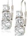 Platinum Plated Sterling Silver Round Cubic Zirconia Three-Stone Lever Back Earrings