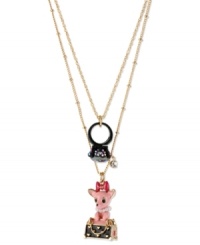 Betsey Johnson gives new meaning to the phrase doggie bag with this two-row necklace and pendant. Crafted from gold-tone mixed metal, the chain features a ring charm and another with a chihuahua in a purse. Both are adorned with sparkling glass accents. Approximate length: 16 inches + 3-inch extender. Approximate drop: 1-1/2 inches. Betsey Johnson gives new meaning to the phrase doggie bag with this two-row necklace and pendant. Crafted from gold-tone mixed metal, the chain features a ring charm and another with a chihuahua in a purse. Both are adorned with sparkling glass accents. Approximate length: 16 inches + 3-inch extender. Approximate drop: 1-1/2 inches.