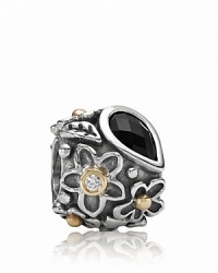 An onyx 'dew drop' stone grounds a sterling silver PANDORA charm with gold and diamond-accented floral motifs. An onyx 'dew drop' stone grounds a sterling silver PANDORA charm with gold and diamond-accented floral motifs.