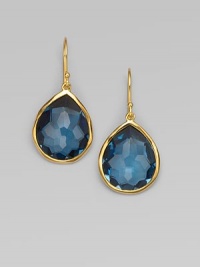 A deeply hued, richly faceted teardrop of London blue topaz shimmers within a delicate setting of 18k gold. London blue topaz 18k yellow gold Drop, about 1¼ Ear wire Imported A deeply hued, richly faceted teardrop of London blue topaz shimmers within a delicate setting of 18k gold. London blue topaz 18k yellow gold Drop, about 1¼ Ear wire Imported