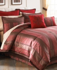 Bold red and brown stripes outlined with lace accents create a decidedly dramatic look in this jacquard woven Tilmont comforter set. Decorative pillows and European shams add an extra pop of red. Comes complete with bedskirt, sheet set and window treatments for a total room transformation. (Clearance) Bold red and brown stripes outlined with lace accents create a decidedly dramatic look in this jacquard woven Tilmont comforter set. Decorative pillows and European shams add an extra pop of red. Comes complete with bedskirt, sheet set and window treatments for a total room transformation. (Clearance)