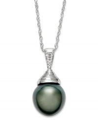 Richly colored and precisely detailed, this cultured Tahitian pearl pendant (10-11 mm) adds an element of elegance and sophistication to any look. Set in sterling silver. Approximate length: 18 inches. Approximate drop length: 1 inch. Approximate drop width: 3/8 inch. Richly colored and precisely detailed, this cultured Tahitian pearl pendant (10-11 mm) adds an element of elegance and sophistication to any look. Set in sterling silver. Approximate length: 18 inches. Approximate drop length: 1 inch. Approximate drop width: 3/8 inch.