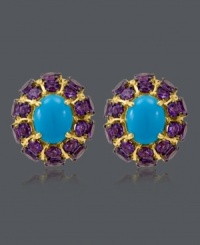 Simple studs with an elegant touch of sparkle. Earrings from CARLO VIANI® feature turquoise center stones (8 mm x 10 mm) surrounded by strips of round-cut amethyst (6-5/8 ct. t.w.). Set in 14k gold. Approximate diameter: 1/2 inch. Simple studs with an elegant touch of sparkle. Earrings from CARLO VIANI® feature turquoise center stones (8 mm x 10 mm) surrounded by strips of round-cut amethyst (6-5/8 ct. t.w.). Set in 14k gold. Approximate diameter: 1/2 inch.