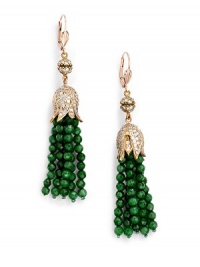 THE LOOKFeminine Metals collectionRhinestone ball and flower detailEmerald-colored tassel accent14k goldplated settingLatch back closureTHE MEASUREMENTLength, about 3ORIGINImported THE LOOKFeminine Metals collectionRhinestone ball and flower detailEmerald-colored tassel accent14k goldplated settingLatch back closureTHE MEASUREMENTLength, about 3ORIGINImported