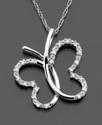Sweet and wonderful whimsy. Diamond accents add a touch of sparkle to the 14k white gold butterfly pendant. Chain measures 16 inches; drop measures 5/8 inch. Sweet and wonderful whimsy. Diamond accents add a touch of sparkle to the 14k white gold butterfly pendant. Chain measures 16 inches; drop measures 5/8 inch.