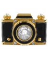 Point and shoot for fierce style. This Betsey Johnson stretch ring captures memories with its black camera design, prettied up with crystal accents. Crafted in antiqued gold tone mixed metal. Ring stretches to fit finger.