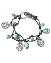 Knot your typical bracelet. Lucky Brand's leather bracelet features reconstituted semi-precious turquoise nuggets and silver tone openwork charms on a knotted leather cord. Approximate length: 7-1/2 inches. Knot your typical bracelet. Lucky Brand's leather bracelet features reconstituted semi-precious turquoise nuggets and silver tone openwork charms on a knotted leather cord. Approximate length: 7-1/2 inches.