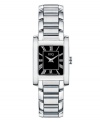 Stylish and bold, this creation from ESQ by Movado grabs attention. Stainless steel bracelet and rectangular case. Black dial features white Roman numerals, two silver-tone hands and logo. Swiss quartz movement. Water resistant to 30 meters. Two-year limited warranty.
