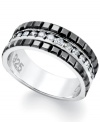 A sophisticated men's style, with a little shine too. Round-cut diamonds (1/2 ct. t.w.) decorate the center, while two rows of black enamel add definition to the outer edges. Ring set in sterling silver. Size 10-1/2.