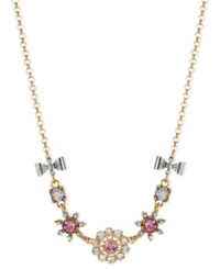 Fashion-forward with the florals. Betsey John's frontal necklace, crafted from gold-tone mixed metal, dazzles with colorful glass crystals and silver-tone bows for a whimsical touch. Approximate length: 16 inches + 3-inch extender. Approximate drop: 5/8 inch. Fashion-forward with the florals. Betsey John's frontal necklace, crafted from gold-tone mixed metal, dazzles with colorful glass crystals and silver-tone bows for a whimsical touch. Approximate length: 16 inches + 3-inch extender. Approximate drop: 5/8 inch.