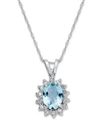 Royally stunning. This gorgeous pendant necklace features an oval-cut aquamarine (1-1/10 ct. t.w.) surrounded by a halo of round-cut diamonds (1/10 ct. t.w.). Crafted in 14k white gold. Approximate length: 18 inches. Approximate drop: 3/4 inch. Royally stunning. This gorgeous pendant necklace features an oval-cut aquamarine (1-1/10 ct. t.w.) surrounded by a halo of round-cut diamonds (1/10 ct. t.w.). Crafted in 14k white gold. Approximate length: 18 inches. Approximate drop: 3/4 inch.