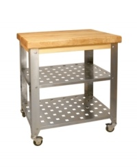 Totally spaced. Reclaim your kitchen and nearly double your workspace with this professional must-have, a solid hardwood butcher block atop a stainless steel base that is ready go to where you do on locking casters. 1-year warranty. Totally spaced. Reclaim your kitchen and nearly double your workspace with this professional must-have, a solid hardwood butcher block atop a stainless steel base that is ready go to where you do on locking casters. 1-year warranty.