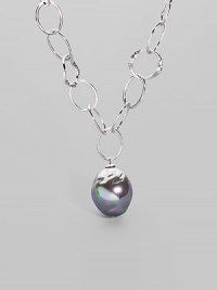 An open link chain of hammered sterling silver is highlighted by an iridiscent organic grey pearl drop. 22mm man-made pearl Sterling silver Length, about 17 Lobster clasp with charm detail Made in Spain An open link chain of hammered sterling silver is highlighted by an iridiscent organic grey pearl drop. 22mm man-made pearl Sterling silver Length, about 17 Lobster clasp with charm detail Made in Spain