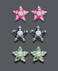 Mix and match in sweet floral design for spring! Three pair earring set by Victoria Townsend features flower-shaped studs in round-cut ruby (1/2 ct. t.w.), sapphire (1/2 ct. t.w.) and emerald (3/8 ct. t.w.). Set in sterling silver. Approximate diameter: 5/16 inch. Mix and match in sweet floral design for spring! Three pair earring set by Victoria Townsend features flower-shaped studs in round-cut ruby (1/2 ct. t.w.), sapphire (1/2 ct. t.w.) and emerald (3/8 ct. t.w.). Set in sterling silver. Approximate diameter: 5/16 inch.