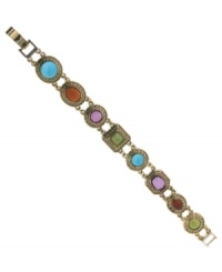 Show your true colors. Cabochon stones in turquoise, carnelian red, amethyst purple and jade green adorn this pretty link bracelet by 2028. Set in gold tone mixed metal. Approximate length: 7-1/2 inches.