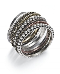 Channel your inner gypsy in Bar III's bohemian-style bangles. This eleven-piece set features various beaded textures in burnished gold, rose gold, and hematite tone mixed metal. Approximate diameter: 2-3/4 inches. Channel your inner gypsy in Bar III's bohemian-style bangles. This eleven-piece set features various beaded textures in burnished gold, rose gold, and hematite tone mixed metal. Approximate diameter: 2-3/4 inches.