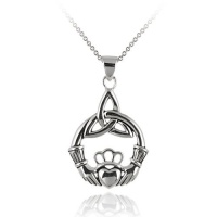 Sterling Silver Claddagh Celtic Knot Pendant Necklace with Rolo Chain, 18 Sterling Silver Claddagh Celtic Knot Pendant Necklace with Rolo Chain, 18