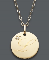 The perfect personalized present! Laura or Liz will be thrilled to open this thoughtful initial letter pendant. Crafted in 14k gold with a sparkling diamond accent. Approximate length: 16 inches + 2-inch extender. Approximate drop: 3/4 inch. The perfect personalized present! Laura or Liz will be thrilled to open this thoughtful initial letter pendant. Crafted in 14k gold with a sparkling diamond accent. Approximate length: 16 inches + 2-inch extender. Approximate drop: 3/4 inch.