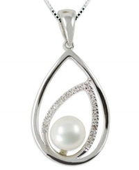 Shapely chic. This sterling silver necklace dazzles with a double teardrop pendant that features round-cut diamonds (1/10 ct. t.w.) and a cultured freshwater pearl (7-8 mm) for a classic touch. Approximate length: 18 inches. Approximate drop length: 1-1/3 inches. Approximate drop width: 5/8 inch.