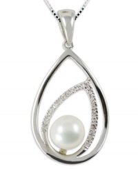 Shapely chic. This sterling silver necklace dazzles with a double teardrop pendant that features round-cut diamonds (1/10 ct. t.w.) and a cultured freshwater pearl (7-8 mm) for a classic touch. Approximate length: 18 inches. Approximate drop length: 1-1/3 inches. Approximate drop width: 5/8 inch. Shapely chic. This sterling silver necklace dazzles with a double teardrop pendant that features round-cut diamonds (1/10 ct. t.w.) and a cultured freshwater pearl (7-8 mm) for a classic touch. Approximate length: 18 inches. Approximate drop length: 1-1/3 inches. Approximate drop width: 5/8 inch.