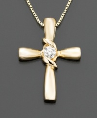 A single round-cut diamond (1/10 ct. t.w.) makes this cross pendant dazzle. Set in 14k gold. Chain measures 18 inches; pendant measures 1 inch. A single round-cut diamond (1/10 ct. t.w.) makes this cross pendant dazzle. Set in 14k gold. Chain measures 18 inches; pendant measures 1 inch.