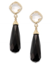 Radiate elegance. This sophisticated earring style combines faceted onyx drops (9 mm x 23 mm) and cushion-cut white topaz (5 ct. t.w.) in a 14k gold setting. Approximate drop: 1-1/2 inches. Radiate elegance. This sophisticated earring style combines faceted onyx drops (9 mm x 23 mm) and cushion-cut white topaz (5 ct. t.w.) in a 14k gold setting. Approximate drop: 1-1/2 inches.