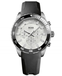 A timeless dress watch in black and silver with the sporty addition of durable rubber, by Hugo Boss. A timeless dress watch in black and silver with the sporty addition of durable rubber, by Hugo Boss.