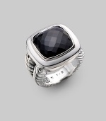 From the Albion Collection. Elegantly faceted black onyx sits with a smooth bezel and double cable band of sterling silver. Black onyx Sterling silver About ¾ square Made in USA