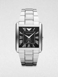 A classic timepiece with distinctive features in sleek stainless steel. Quartz movementWater resistant to 5 ATMRectangular stainless steel case, 34.5mm (1.3) X 36.5mm (1.4)Smooth bezelBlack dialRoman numeral hour markersSecond hand sub-dialStainless steel link braceletImported A classic timepiece with distinctive features in sleek stainless steel. Quartz movementWater resistant to 5 ATMRectangular stainless steel case, 34.5mm (1.3) X 36.5mm (1.4)Smooth bezelBlack dialRoman numeral hour markersSecond hand sub-dialStainless steel link braceletImported