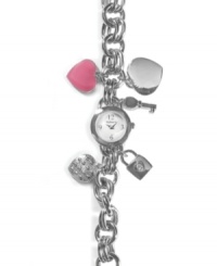 Get there on time with your heart on your sleeve. Watch by Style&co. crafted of silver tone bracelet featuring five charms: silver tone heart, pink enamel heart, crystal-accented heart, padlock and key. Round case with mother-of-pearl dial features numerals at twelve, three, six and nine o'clock, three hands and logo. Quartz movement. Two-year limited warranty. Get there on time with your heart on your sleeve. Watch by Style&co. crafted of silver tone bracelet featuring five charms: silver tone heart, pink enamel heart, crystal-accented heart, padlock and key. Round case with mother-of-pearl dial features numerals at twelve, three, six and nine o'clock, three hands and logo. Quartz movement. Two-year limited warranty.