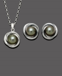 Class and sophistication combine in a swirling knot of style. Symbolic for love, this polished jewelry set features cultured Tahitian freshwater pearls (8-9 mm) set in sterling silver. Approximate length: 18 inches. Approximate pendant drop: 1-8/10 inch. Approximate earring diameter: 5/8 inch. Class and sophistication combine in a swirling knot of style. Symbolic for love, this polished jewelry set features cultured Tahitian freshwater pearls (8-9 mm) set in sterling silver. Approximate length: 18 inches. Approximate pendant drop: 1-8/10 inch. Approximate earring diameter: 5/8 inch.