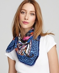 A colorful explosion of feathers and flowers decorate this luxurious silk twill scarf from Emilio Pucci. A colorful explosion of feathers and flowers decorate this luxurious silk twill scarf from Emilio Pucci.