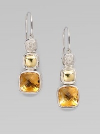 From the Chiclet Collection. A graduated design with brilliant diamonds, 18k gold and faceted citrine in sterling silver. Citrine and 18k goldDiamonds, .13 tcwSterling silverDrop, about 1Hook backImported From the Chiclet Collection. A graduated design with brilliant diamonds, 18k gold and faceted citrine in sterling silver. Citrine and 18k goldDiamonds, .13 tcwSterling silverDrop, about 1Hook backImported