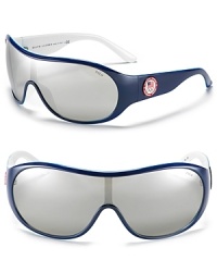 Sporty shield sunglasses with a wrap around silhouette and large logo with Olympic detail along arms. Sporty shield sunglasses with a wrap around silhouette and large logo with Olympic detail along arms.