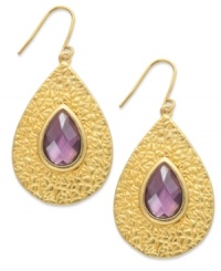 Retro elegance from Lauren Ralph Lauren. These drop earrings offer textured appeal with a teardrop silhouette that flaunts a resin cabochon in amethyst hues. Crafted in 14k worn gold-plated brass. Approximate drop: 1-1/2 inches. Approximate diameter: 1 inch. Retro elegance from Lauren Ralph Lauren. These drop earrings offer textured appeal with a teardrop silhouette that flaunts a resin cabochon in amethyst hues. Crafted in 14k worn gold-plated brass. Approximate drop: 1-1/2 inches. Approximate diameter: 1 inch.