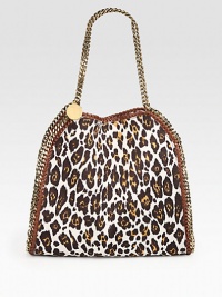 An exotic print in lightweight linen with shiny chain link trim that follows the brand's vegetarian initiatives.Double chain top handles, 9 dropMagnetic snap closureOne inside zip pocketFully lined13W X 12½H X 3½DMade in Italy An exotic print in lightweight linen with shiny chain link trim that follows the brand's vegetarian initiatives.Double chain top handles, 9 dropMagnetic snap closureOne inside zip pocketFully lined13W X 12½H X 3½DMade in Italy