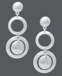 Chic shapes add dimension to any look. Touch of Silver's multi-circle earrings combine solid and cut-out circles in three, linear drops. Crafted in silver-plated brass with a sterling silver post backing. Approximate drop length: 1-1/2 inches. Approximate drop width: 3/5 inch.