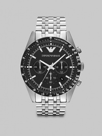 Modern style designed for a power player, in a brushed and polished stainless steel casing with chronograph functionality.Chronograph dialRound bezelWater resistant to 5ATMDate display at 4 o'clockSecond handStainless steel case: 46mm(1.81)Stainless steel link braceletImported Modern style designed for a power player, in a brushed and polished stainless steel casing with chronograph functionality.Chronograph dialRound bezelWater resistant to 5ATMDate display at 4 o'clockSecond handStainless steel case: 46mm(1.81)Stainless steel link braceletImported