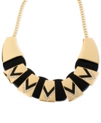 A daring style takes shape in this frontal necklace from Haskell. Crafted from gold-tone mixed metal with black and gold-tone geometric segments, the necklace makes a bold statement. Approximate length: 13 inches + 3-inch extender. Approximate drop: 1-1/2 inches. A daring style takes shape in this frontal necklace from Haskell. Crafted from gold-tone mixed metal with black and gold-tone geometric segments, the necklace makes a bold statement. Approximate length: 13 inches + 3-inch extender. Approximate drop: 1-1/2 inches.