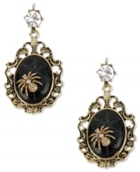 Become a spider(wo)man. Betsey Johnson's vintage-inspired earrings flaunts gold tone spider accents on black oval beads. Crystal accent at post. Crafted in antiqued gold tone mixed metal. Approximate drop: 2-1/4 inches. Become a spider(wo)man. Betsey Johnson's vintage-inspired earrings flaunts gold tone spider accents on black oval beads. Crystal accent at post. Crafted in antiqued gold tone mixed metal. Approximate drop: 2-1/4 inches.