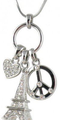 Gorgeous Silver Rhodium Plated 3D Crystal Eiffel Tower, Peace Sign, Heart Multi-charm Necklace on 18 Chain ~ Paris France Theme Gorgeous Silver Rhodium Plated 3D Crystal Eiffel Tower, Peace Sign, Heart Multi-charm Necklace on 18 Chain ~ Paris France Theme
