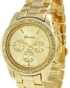 Geneva Chronograph Look Watch with Crystals..Gold Tone Metal Link