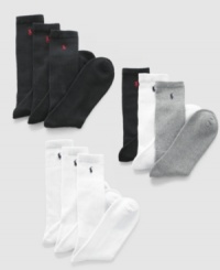 Available in extended sizes, this 3 pack of Polo crew socks fits the bill for convenience and comfort. Available in extended sizes, this 3 pack of Polo crew socks fits the bill for convenience and comfort.