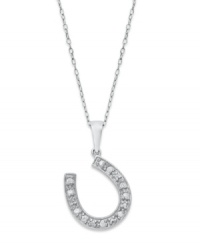Giddy up and lots of luck! A horseshoe-shaped pendant makes the perfect good luck charm, especially when it's decorated with round-cut diamonds (1/10 ct. t.w.). Set in sterling silver with a rhodium-plated chain. Approximate length: 18 inches. Approximate drop length: 9/10. Approximate drop width: 1/2 inch. Giddy up and lots of luck! A horseshoe-shaped pendant makes the perfect good luck charm, especially when it's decorated with round-cut diamonds (1/10 ct. t.w.). Set in sterling silver with a rhodium-plated chain. Approximate length: 18 inches. Approximate drop length: 9/10. Approximate drop width: 1/2 inch.
