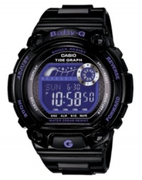Neon attitude runs deep with this BLX series Baby-G watch. Crafted of black resin strap and round case with blue accents. Shock-resistant black negative digital display dial features tide graph, EL backlight with afterglow, day and date feature, world time, 2 multifunction alarms, snooze, 1/100 second stopwatch, countdown timer, 12/24 hour formats, full automatic calendar and mute function. Quartz movement. Water resistant to 200 meters. One-year limited warranty. Neon attitude runs deep with this BLX series Baby-G watch. Crafted of black resin strap and round case with blue accents. Shock-resistant black negative digital display dial features tide graph, EL backlight with afterglow, day and date feature, world time, 2 multifunction alarms, snooze, 1/100 second stopwatch, countdown timer, 12/24 hour formats, full automatic calendar and mute function. Quartz movement. Water resistant to 200 meters. One-year limited warranty.