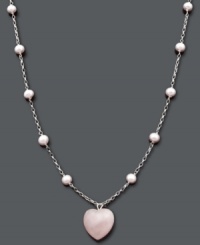 Sweet femininity. Show your subtle side in this delicate pendant necklace with heart-shaped rose quartz (18 ct. t.w.) and pink cultured freshwater pearls (5-6 mm). Set in sterling silver. Approximate length: 18 inches. Approximate drop: 5/8 inch. Sweet femininity. Show your subtle side in this delicate pendant necklace with heart-shaped rose quartz (18 ct. t.w.) and pink cultured freshwater pearls (5-6 mm). Set in sterling silver. Approximate length: 18 inches. Approximate drop: 5/8 inch.